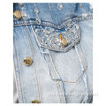 Womens Rhinestone Jean Jacket Dua Potongan Set Pakaian